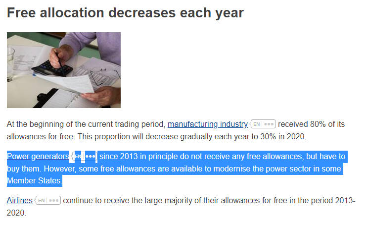 Free allocation decreases each year