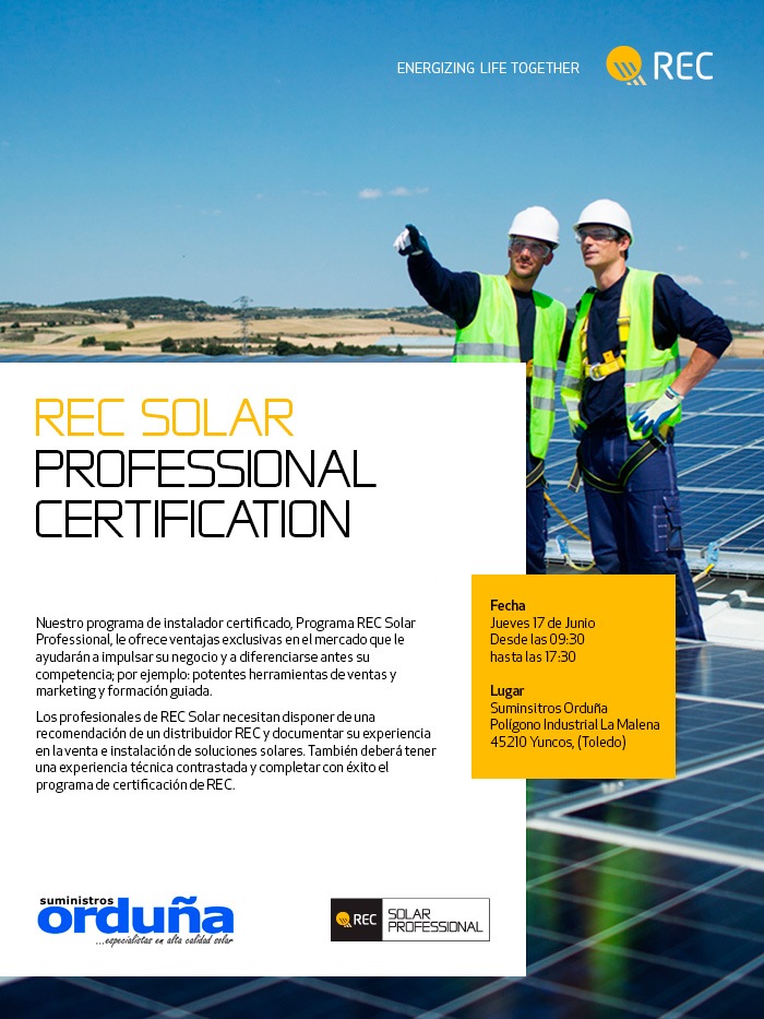 Suministros Orduña comienza la campaña de certificación de instaladores profesionales fotovoltaicos REC
