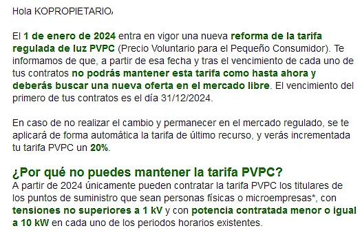 Aviso de Comercializadora Fin de PVPC o penalización