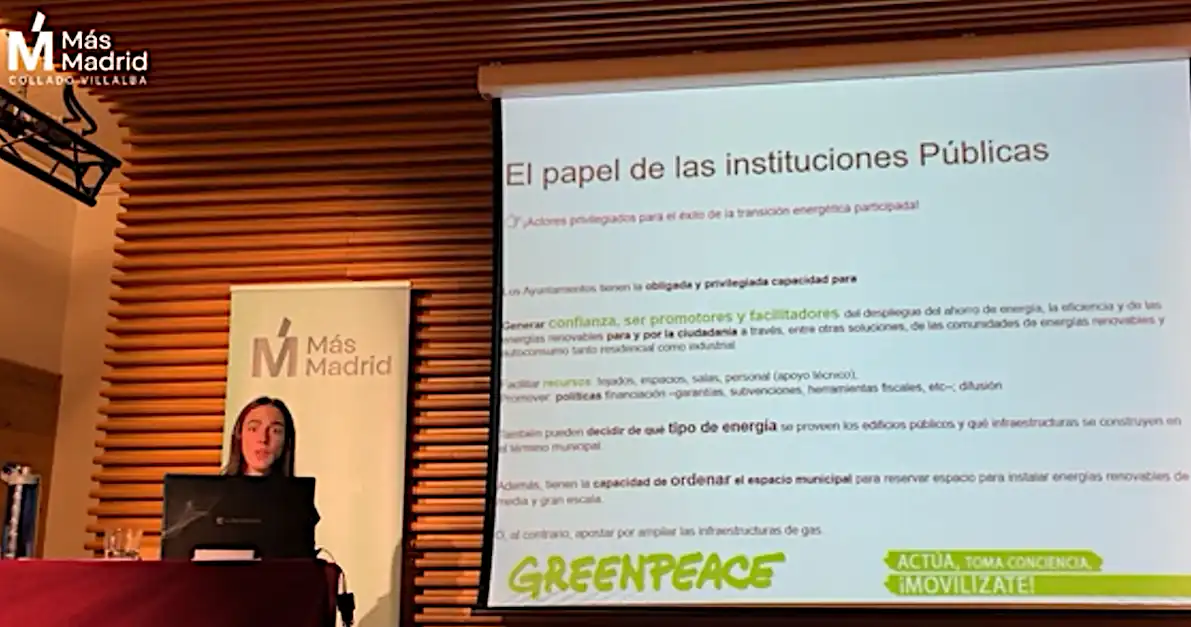 Comunidades energéticas. Ponencia de María Prado en la I Jornada Medioambiental de Más Madrid Collado Villalba